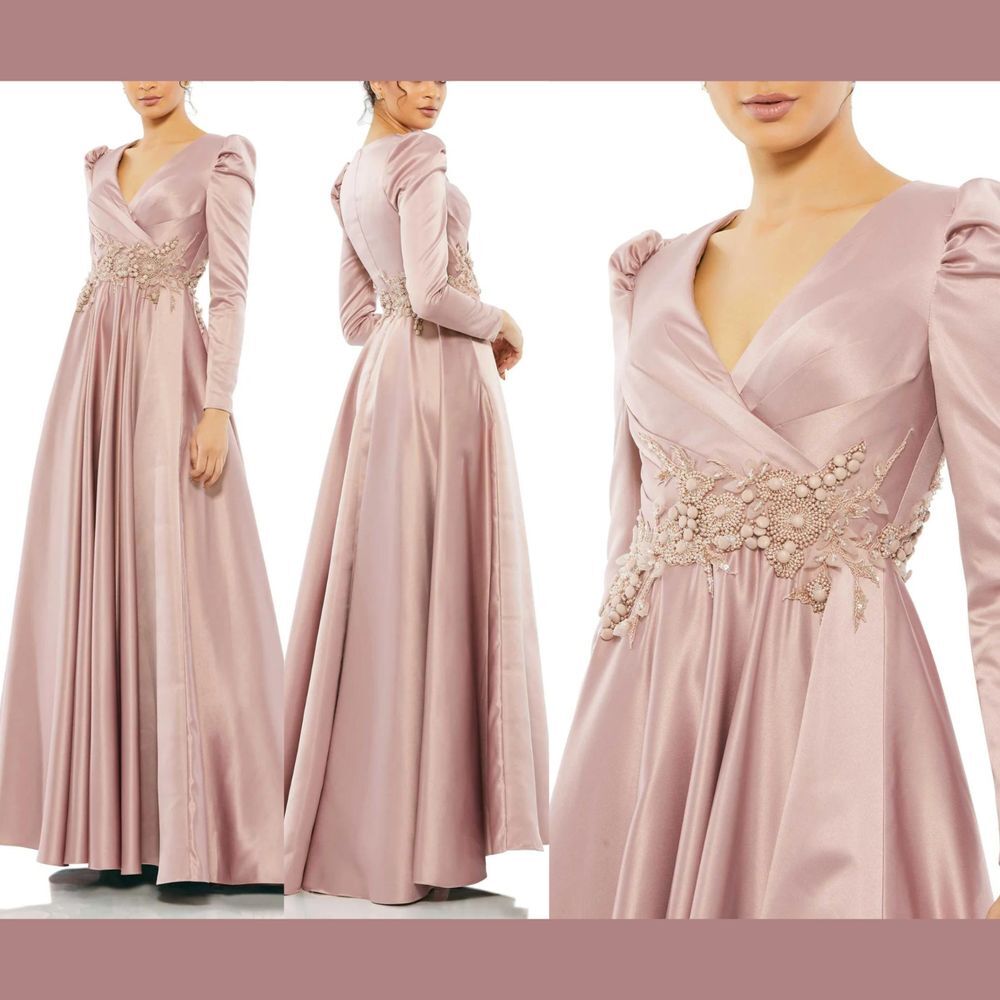 NWT $798 Mac Duggal [ 6 ] Long Sleeve Embellished‎ Waist Gown in Rose Pink G1648